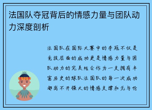 法国队夺冠背后的情感力量与团队动力深度剖析
