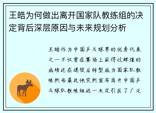 王皓为何做出离开国家队教练组的决定背后深层原因与未来规划分析